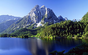lake near mountain range HD wallpaper