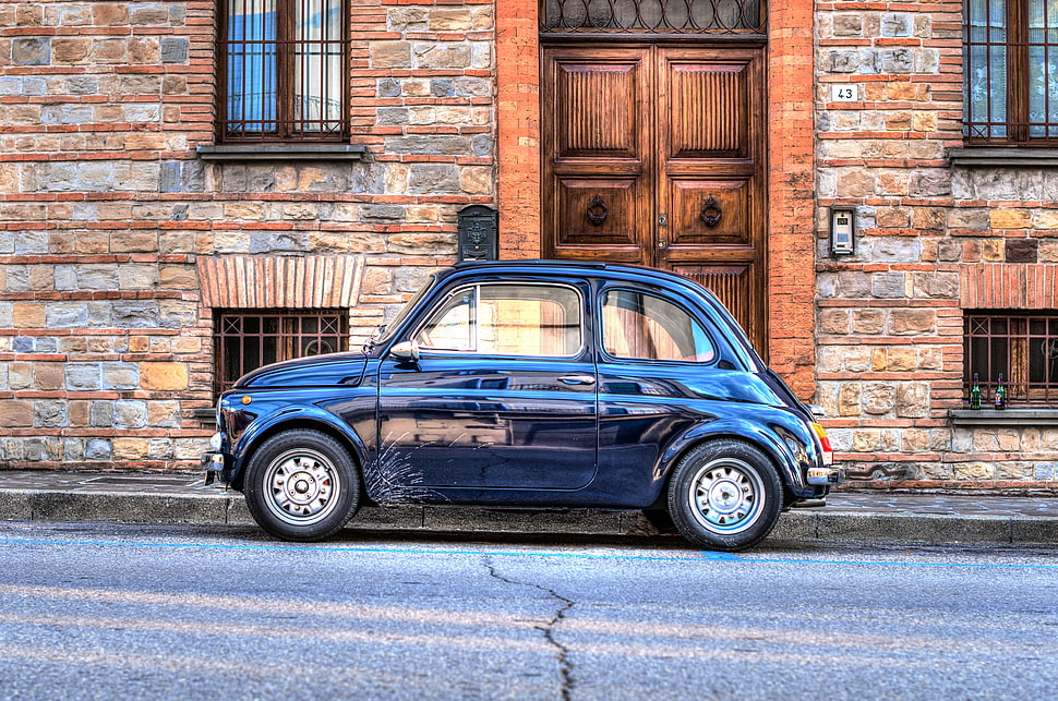 blue compact car, Auto, Mini, Retro HD wallpaper