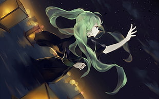 green haired female anime character, kimono, stars, lights, night