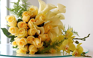 bouquet of yellow Rose and white Calla Lily flower HD wallpaper