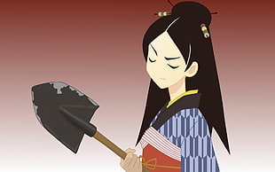 girl animal character wearing traditional dress holding shovel poster