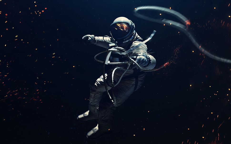 astronaut holding cable digital wallpaper, astronaut, spacesuit, digital art, Vadim Sadovski HD wallpaper
