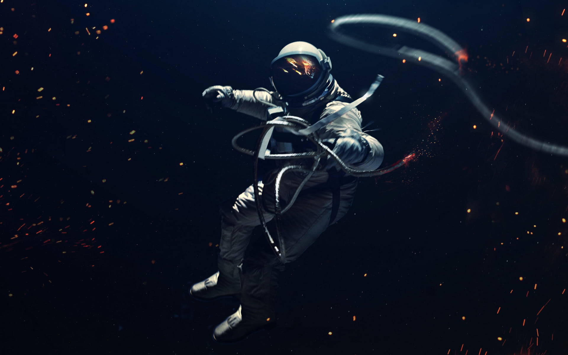 astronaut holding cable digital wallpaper, astronaut, spacesuit, digital art, Vadim Sadovski