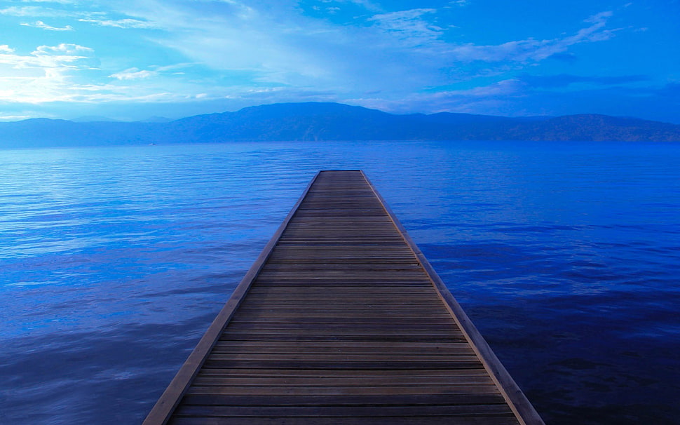 brown wooden dock, sea, pier, water, sky HD wallpaper