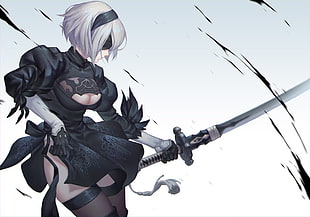 female anime character holding sword digital wallpaper, Nier: Automata, 2B (Nier: Automata), headdress, elbow gloves