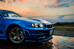 blue car, Nissan, Nissan Skyline GT-R R34, car, blue HD wallpaper