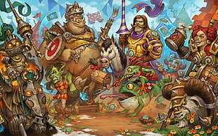 digital wallpaper of group of monster and people holding swords and stein