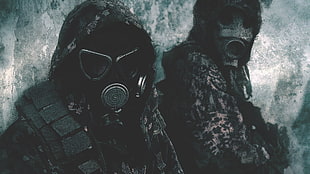 two person wearing gas masks digital wallpaper, gas masks