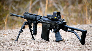 black M4A1 assault rifle with vertical grip and holographic sight, gun, FN FAL, black rifle HD wallpaper