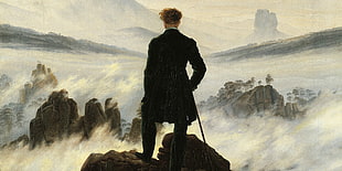 black and brown fur coat, Der Wanderer über dem Nebelmeer, oil painting, Caspar David Friedrich, saxonian swiss HD wallpaper