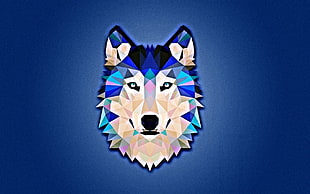 white, blue, and black wolf logo