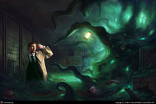 man wearing brown coat illustration, Shoggoth, horror, artwork, H. P. Lovecraft