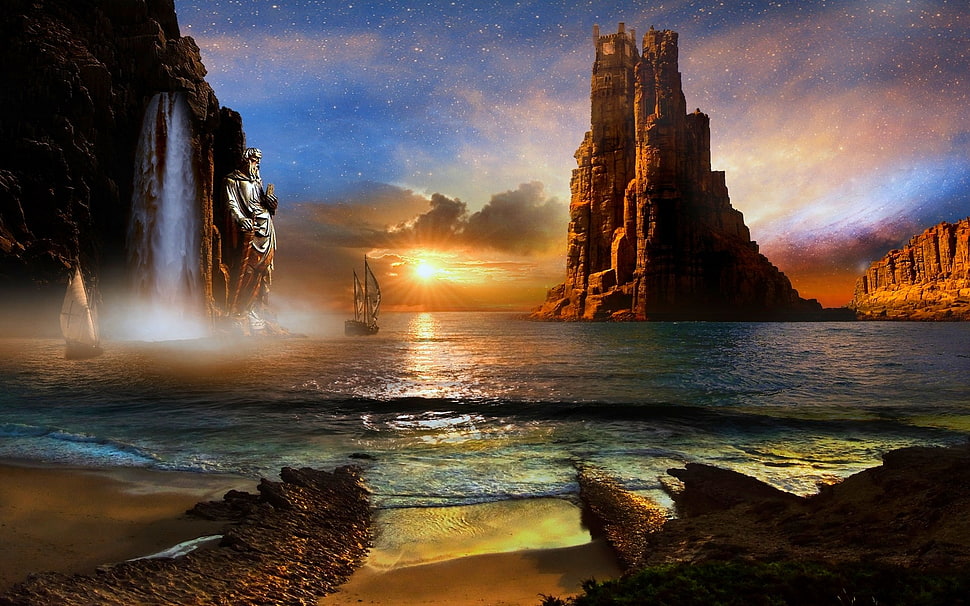 beige rock formation and body of water, mist, nature, landscape, digital art HD wallpaper