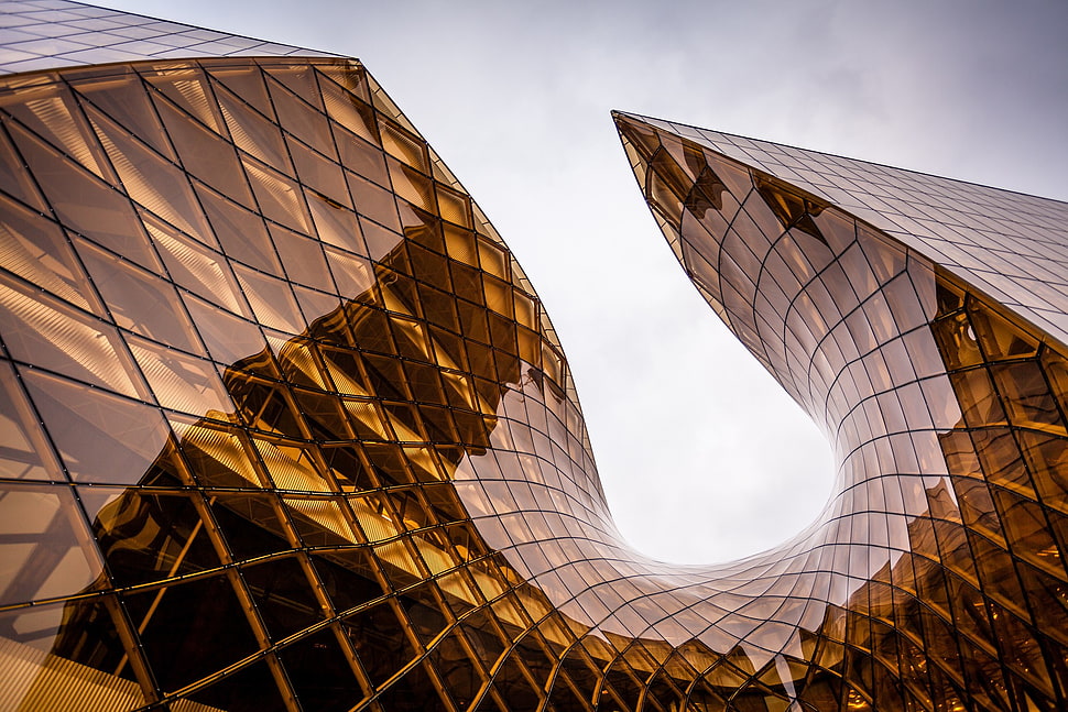brown glass building, architecture, glass, reflection, sky HD wallpaper