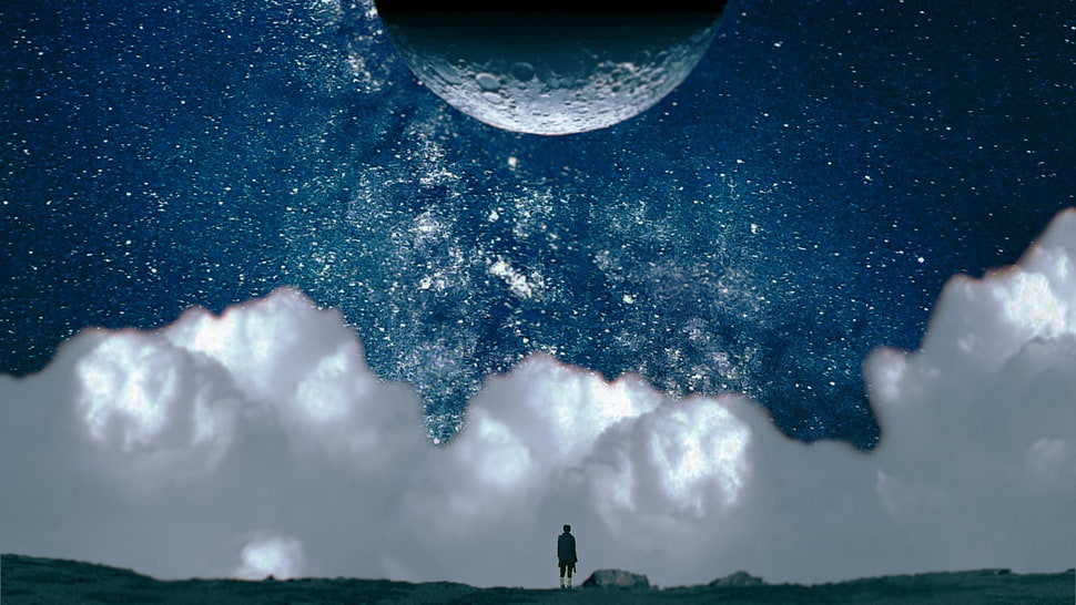 person standing while looking moon, sky, blue, clouds, Moon HD wallpaper