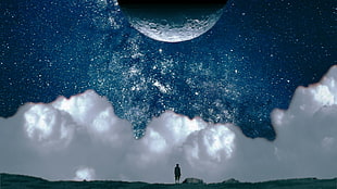 person standing while looking moon, sky, blue, clouds, Moon