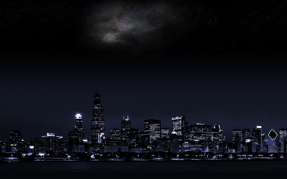 high-rise buildings, Chicago, night, stars, cityscape HD wallpaper