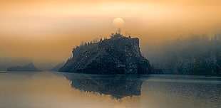 photo of brown island, nature, landscape, lake, mist