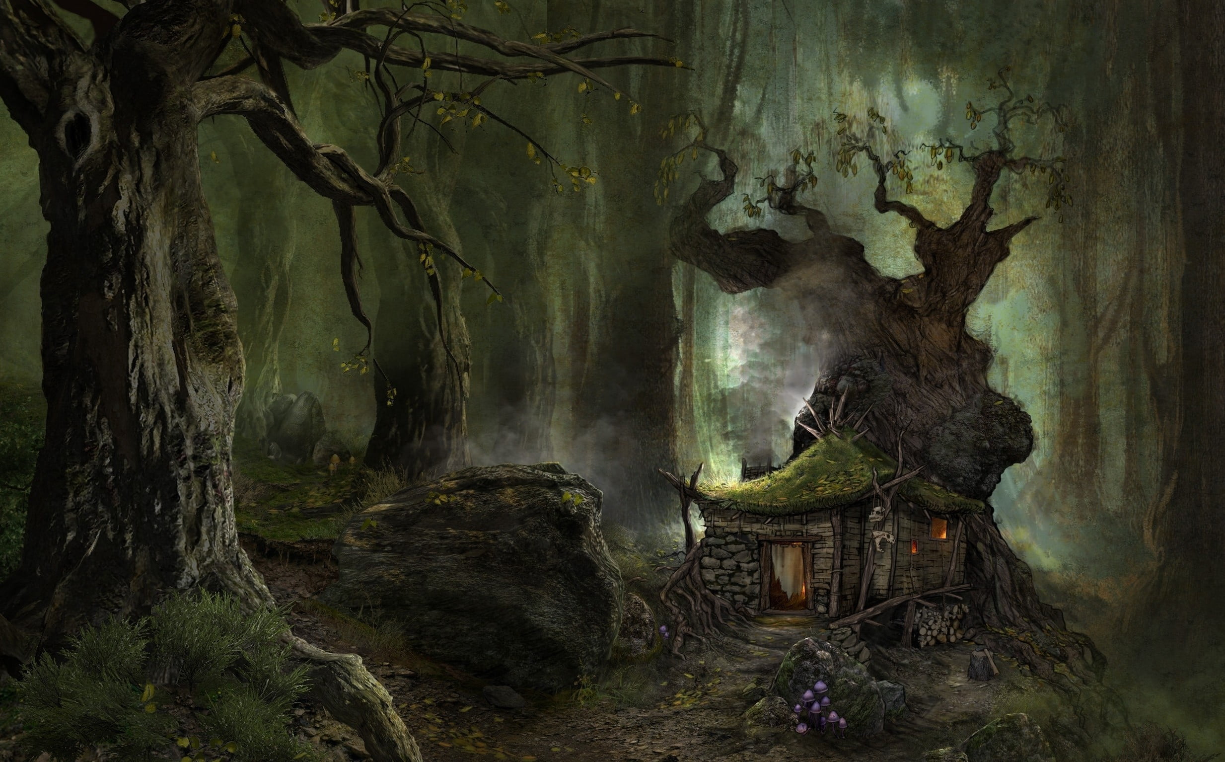 illustration of house in forest, digital art, fantasy art, nature, trees