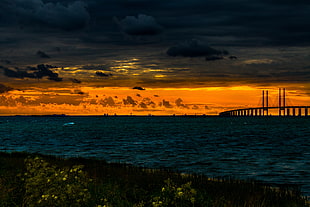 bridge and body of water landscape painting HD wallpaper