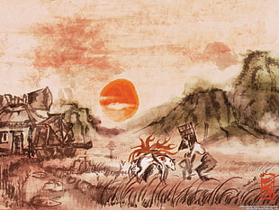 brown house painting, Okami, Sun, artwork, video games HD wallpaper