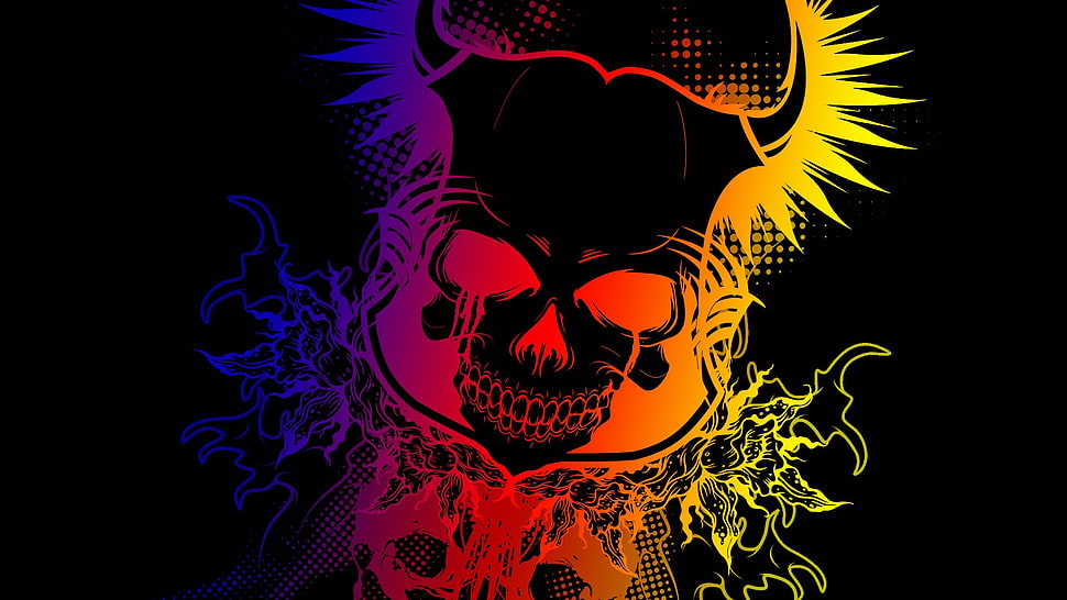 black, purple, and yellow skull illustration, skull, colorful, gradient, black HD wallpaper