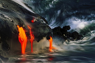 lava flowing on body of water, lava, volcano, sea, Hawaii HD wallpaper
