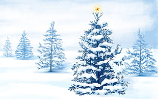 snowy pine tree illustration HD wallpaper