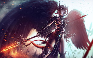 angel holding spear character digital wallpaper, wings, digital art