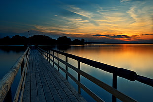 brown wooden dock during sunset HD wallpaper