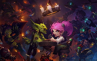 woman in white shirt and pink hair and goblin character illustration