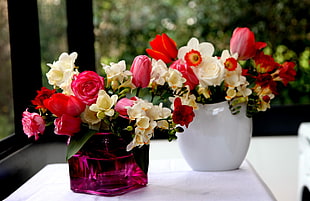 two bouquet of flowers in vase HD wallpaper