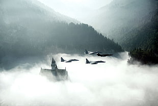 black fighter jets, nature, landscape, airplane, clouds