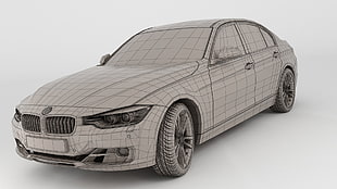 gray BMW sedan, car, wireframe, BMW, digital art