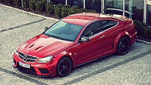 red Mercedes-Benz coupe, Mercedes-Benz, C63 AMG, sports car
