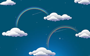 clouds and rainbows illustration, digital art, blue background, clouds, stars