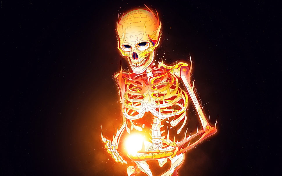 skeleton holding fireball digital wallpaper HD wallpaper