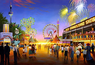 people inside amusement park illustration HD wallpaper
