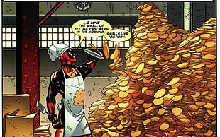 Deadpool throwing pancakes illustration, Deadpool, pancakes