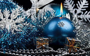 blue bauble, Christmas, New Year, Christmas ornaments , presents HD wallpaper