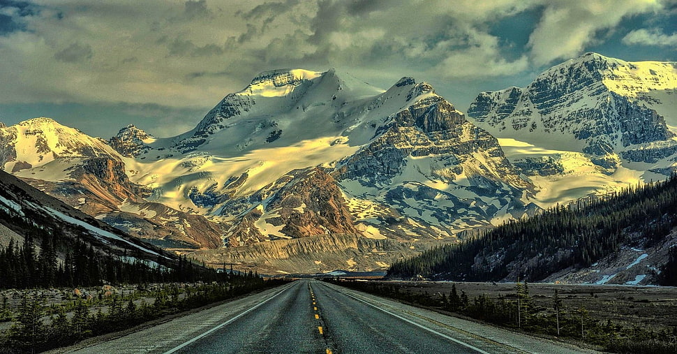 road near snow covered mountain, nature, landscape, mountains, snowy peak HD wallpaper