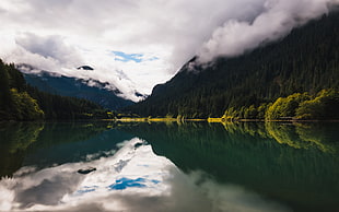 reflective photography of mountain and river