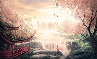 red and black pagoda temple near waterfalls painting HD wallpaper