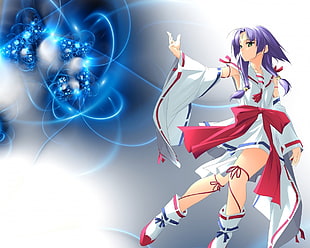 purple haired white and red dressed animae character ilustration