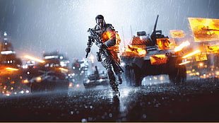 man holding rifle running with battle tank illustration, Battlefield 4