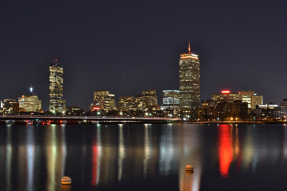 high rise buildings at nighttime, boston, memorial drive HD wallpaper