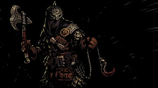 male character wearing armor and holding axe and hook, Darkest Dungeon, video games, dark, bounty hunter HD wallpaper
