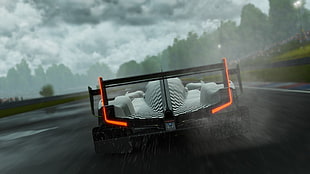 white and black race car videogame screenshot, digital art, car, tail light, road