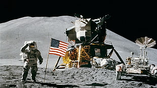 Neil Armstrong commemorative photo, Moon, astronaut, NASA, American flag HD wallpaper