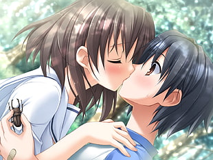 male and female anime kissing digital wallpaper